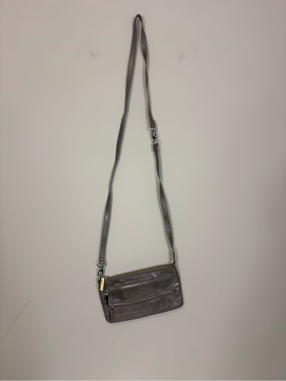 HOBO Gray Leather Crossbody & Shoulder Purse with Dual Zip Pockets on front